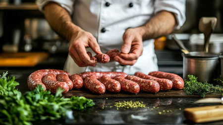 A chef preparing sausages in a bustling kitchen, with fresh herbs and spices on the counter, emphasizing the culinary craft behind sausage making.の素材