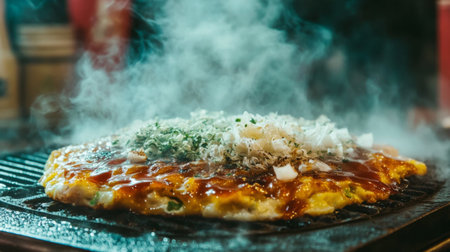 A close-up of a sizzling okonomiyaki on a hot grill, with steam rising and the vibrant ingredients visible, showcasing the texture and color of this savory Japanese pancake.の素材