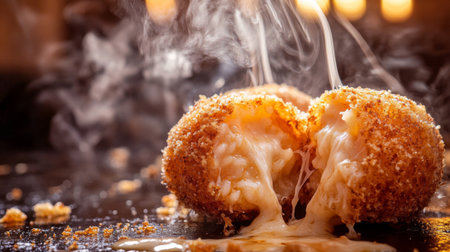 A close-up shot of a freshly cut arancini revealing its gooey cheese and risotto center, with steam rising and breadcrumbs glistening, emphasizing the deliciousness of this Italian snack.の素材