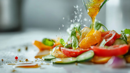 A close-up of a tempura batter mix being drizzled over fresh vegetables before frying, highlighting the preparation process and ingredients against a bright white surface.の素材