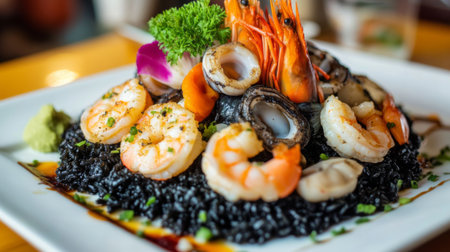 A close-up of fluffy black ink rice served on a white plate, with colorful seafood, including shrimp and squid, elegantly arranged around it, showcasing the dish's textures.の素材