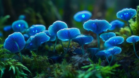 A close-up of bioluminescent mushrooms with vibrant blue and green hues, highlighting their unique textures and shapes against a backdrop of dark forest foliage.の素材