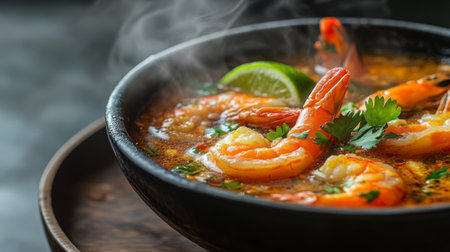 A close-up shot of a steaming bowl of Tom Yum soup with shrimp, garnished with fresh herbs and lime, highlighting the aromatic ingredients that make Thai food unique and flavorful.の素材