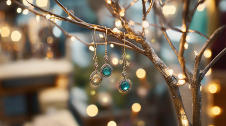 A creative concept image of earrings hanging on a decorative tree branch, adorned with fairy lights, showcasing a unique and artistic display for a jewelry storeの素材