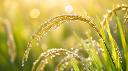 A close-up shot of rice plants swaying gently in the breeze, with droplets of dew glistening in the morning sunlight, showcasing the beauty of agricultural landscapes.の素材
