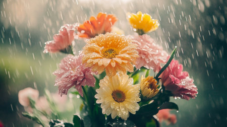 A dreamy shot of a bouquet of mixed flowers in soft focus, with droplets of water catching the light, creating a romantic and ethereal feel for floral photography.の素材