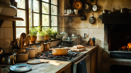A cozy kitchen with a rustic charm, where a pot of soup is simmering on the stove, and fresh bread is baking in the oven, creating a warm and inviting atmosphere.の素材