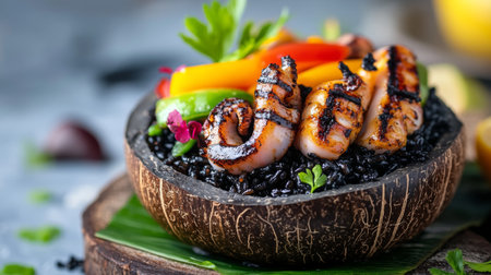 A delightful serving of black ink rice in a coconut shell, topped with grilled squid and colorful vegetables, evoking a tropical feel against a light background.の素材