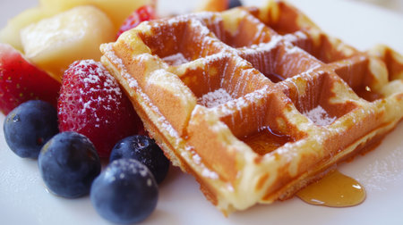 A delicious waffle split in half, revealing a warm, fluffy interior, served with a side of fresh fruit and a drizzle of honey on a white surface.の素材