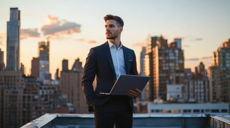 A confident young businessman in a tailored suit standing on a city rooftop, overlooking the skyline with a laptop in hand, symbolizing ambition and success in the corporate world.の素材
