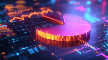 A dynamic 3D pie chart with each segment extruded to highlight financial data, set against a high-tech background with digital analytics and glowing numbers.の素材