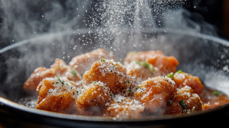 A close-up shot of steaming hot karaage with a crunchy coating, with a sprinkle of sea salt and black pepper, highlighting the juicy interior and mouthwatering appeal of this dish.の素材
