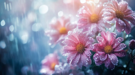 A dreamy shot of a bouquet of mixed flowers in soft focus, with droplets of water catching the light, creating a romantic and ethereal feel for floral photography.の素材