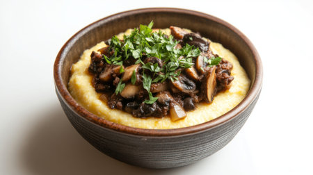 A creamy bowl of polenta served warm, topped with a rich mushroom rag and garnished with fresh parsley, showcasing its smooth texture and inviting aroma.の素材