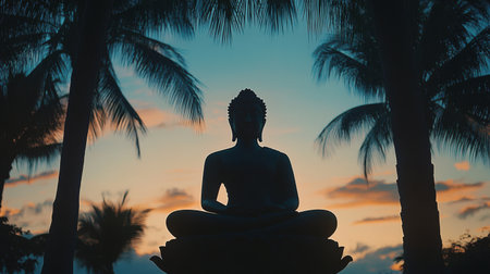 A close-up silhouette of a seated Buddha in meditation, framed by palm trees, highlighting the tranquil connection between nature and spirituality at dusk.の素材