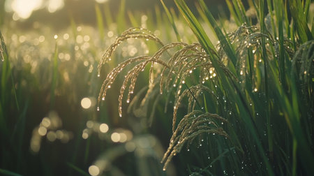 A close-up shot of rice plants swaying gently in the breeze, with droplets of dew glistening in the morning sunlight, showcasing the beauty of agricultural landscapes.の素材