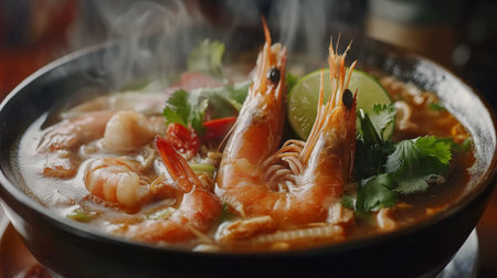 A close-up shot of a steaming bowl of Tom Yum soup with shrimp, garnished with fresh herbs and lime, highlighting the aromatic ingredients that make Thai food unique and flavorful.の素材