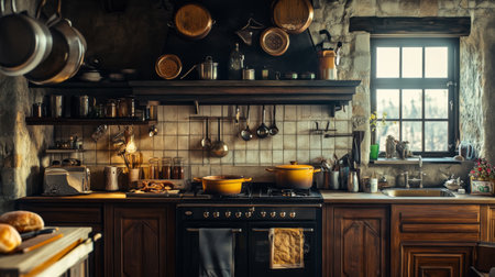 A cozy kitchen with a rustic charm, where a pot of soup is simmering on the stove, and fresh bread is baking in the oven, creating a warm and inviting atmosphere.の素材
