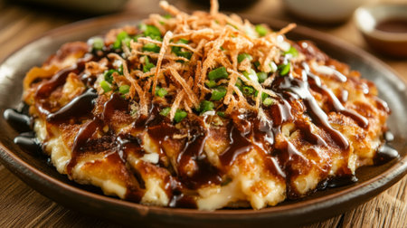 A delicious plate of freshly made topped with a drizzle of mayonnaise and tangy okonomiyaki sauce, garnished with bonito flakes and green onions, served on a wooden table.の素材