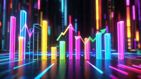 A dynamic 3D bar chart in bright neon colors, showing a positive data trend, with arrows and percentages, placed on a black background for a high-tech look.の素材