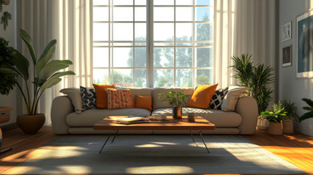 A cozy living room featuring a comfortable sofa, stylish coffee table, and decorative pillows, illuminated by natural light streaming through large windows, creating a welcoming atmosphereの素材