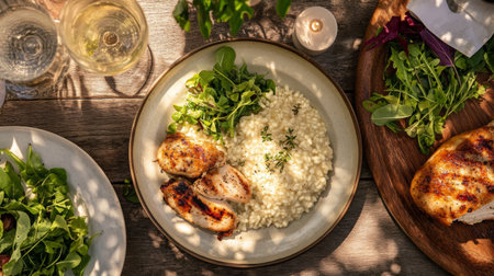 A cozy outdoor setting with a family enjoying risotto served with grilled chicken and a side of mixed greens, emphasizing the joy of sharing homemade Italian meals.の素材