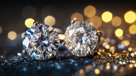 A detailed macro shot of sparkling diamond earrings, showcasing the clarity and brilliance of the stones against a dark background, ideal for luxury jewelry promotions.の素材