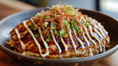 A delicious plate of freshly made topped with a drizzle of mayonnaise and tangy okonomiyaki sauce, garnished with bonito flakes and green onions, served on a wooden table.の素材