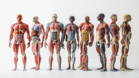 A detailed anatomical illustration of the human body highlighting major organs, muscles, and systems, set against a clean white background for educational purposes.の素材