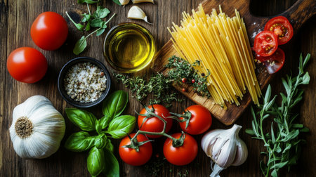 A creative flat lay of spaghetti ingredients, including tomatoes, garlic, herbs, and olive oil, set against a rustic wooden background, perfect for recipe sharingの素材