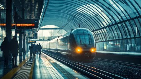 A dynamic action shot of a high-speed train arriving at a modern station, with passengers eagerly awaiting and the train's streamlined shape cutting through the air.の素材