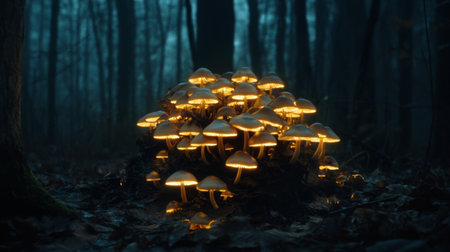 A dramatic shot of a cluster of glowing mushrooms illuminating a damp, shadowy corner of the forest, creating a contrast between light and darkness.の素材