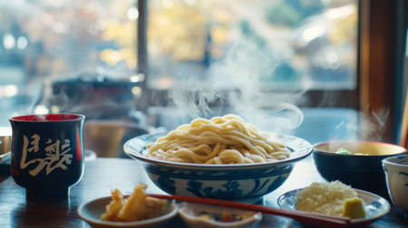 A cozy Japanese dining scene with a table set for udon, featuring bowls of steaming noodles, chopsticks, and traditional condiments like wasabi and pickled gingerの素材