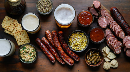 A creative flat lay of various sausage types, including spicy, smoked, and fresh, alongside beer and dipping sauces, perfect for food pairingsの素材