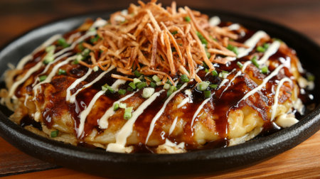 A delicious plate of freshly made topped with a drizzle of mayonnaise and tangy okonomiyaki sauce, garnished with bonito flakes and green onions, served on a wooden table.の素材