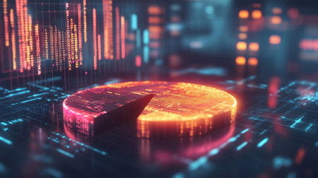 A dynamic 3D pie chart with each segment extruded to highlight financial data, set against a high-tech background with digital analytics and glowing numbers.の素材