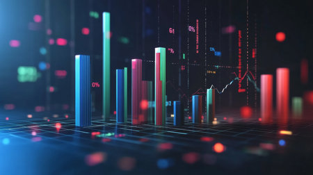 A modern 3D financial bar graph with blue, red, and green bars, highlighting different sectors of the economy, with floating data points and percentages above each bar.の素材
