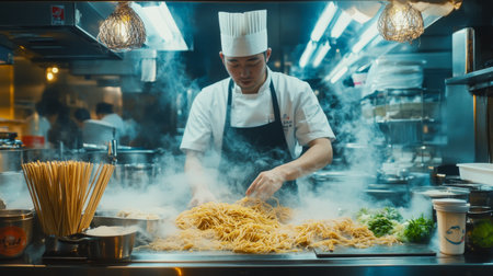 A dynamic shot of a chef preparing yakisoba in a busy kitchen, with fresh ingredients displayed on the counter and the sizzling sound of cooking creating an exciting environment.の素材