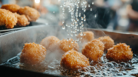 A dynamic shot of korokke being served from a fryer, with golden croquettes sizzling and steam rising, emphasizing the fresh and crispy texture of the dish.の素材
