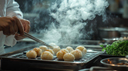A dynamic shot of a chef preparing takoyaki in a busy kitchen, with fresh ingredients and the sizzling sound of cooking creating an exciting atmosphereの素材