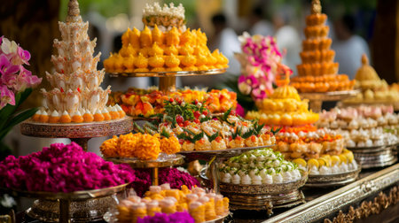 A festive display of Thai desserts during a cultural celebration, with intricate decorations and colorful sweets arranged elegantly, showcasing the beauty of Thai culinary artの素材
