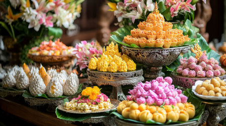 A festive display of Thai desserts during a cultural celebration, with intricate decorations and colorful sweets arranged elegantly, showcasing the beauty of Thai culinary artの素材