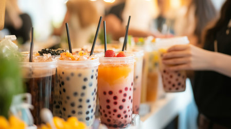 A festive gathering where guests are enjoying bubble tea at a celebration, with various flavors and toppings available, creating a fun and joyful atmosphereの素材
