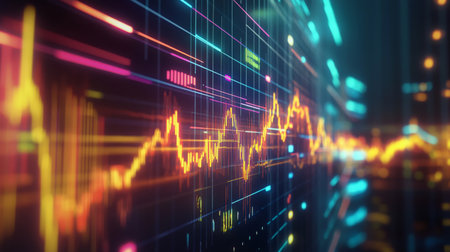 A dynamic financial stock graph displayed on a digital screen, showcasing rising and falling trends with colorful lines and bars, emphasizing market fluctuations and analysis.の素材