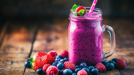 A freshly made berry smoothie with a vibrant purple color, served in a mason jar, with blueberries, strawberries, and raspberries scattered around on a rustic wooden surface.の素材