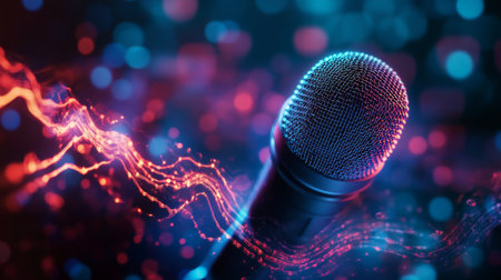 A graphic representation of sound waves emanating from a microphone, illustrating the concept of audio recording and sound design in a visually engaging wayの素材