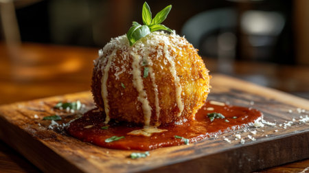 A golden-brown arancini served on a rustic wooden board, drizzled with marinara sauce and garnished with fresh basil, showcasing its crispy exterior and cheesy filling.の素材