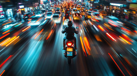 A dynamic image of a motorcycle weaving through congested traffic, showcasing the challenges and agility of navigating busy city roads during peak hoursの素材