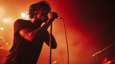 A lively scene of a singer performing on stage with a handheld microphone, showcasing the energy and excitement of live music events and audience engagement.の素材