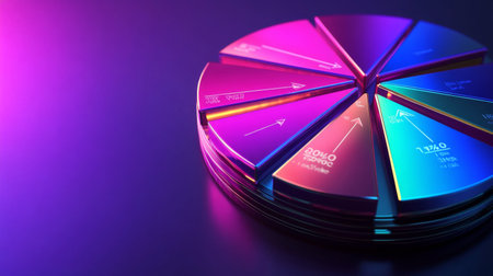 A modern 3D pie chart with metallic slices, representing business market share, with percentages highlighted on each segment and arrows pointing to the key data.の素材
